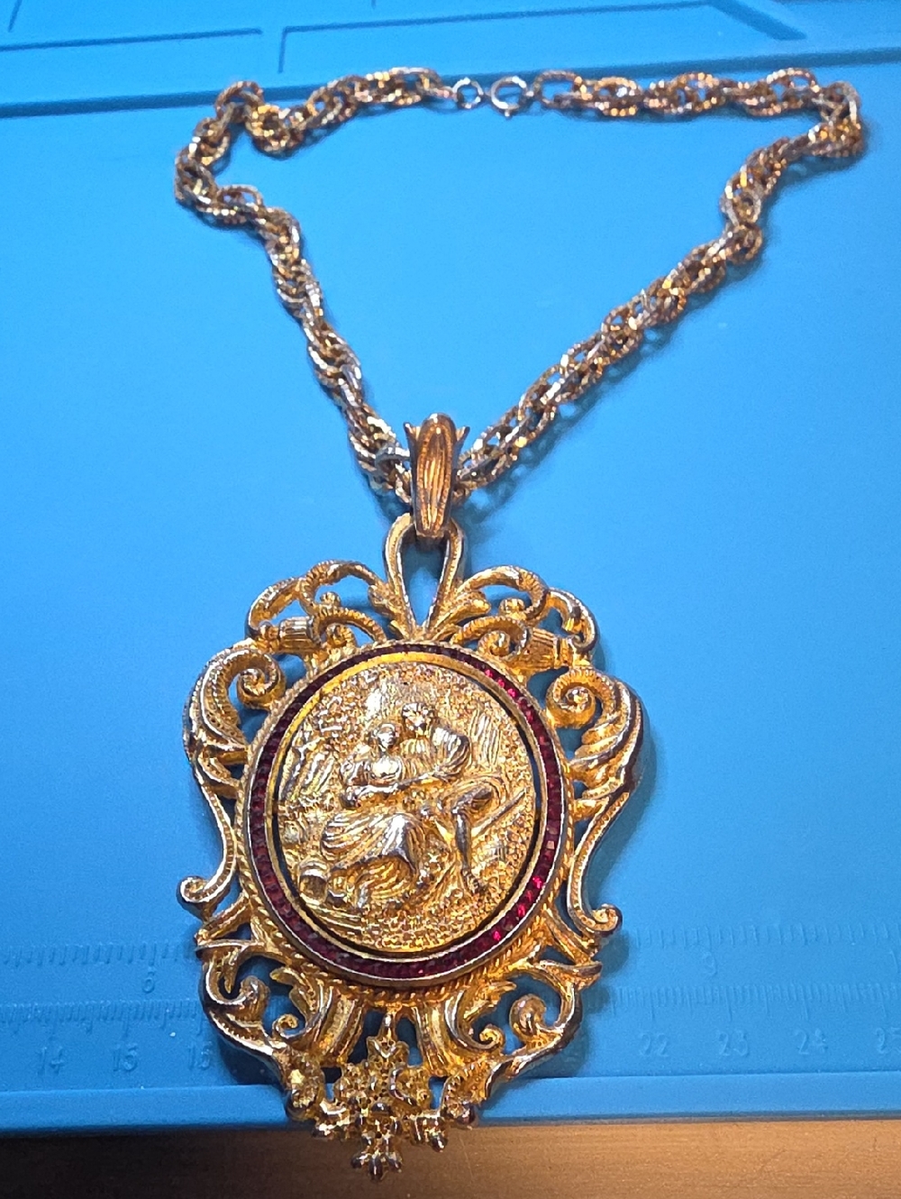 Gold-Tone 14k Plated Medallion Pendant Necklace with Burgundy Enamel Accent